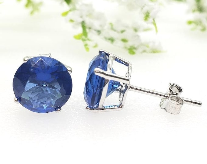 2mm-10mm Round Sapphire September Birthstone Solid 925 Sterling Silver Solitaire Stud Post Earrings Round Mens Womens Earrings