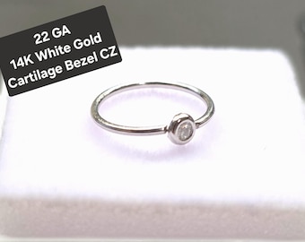 14K REAL Gold Snug Fitting Solid Gold Hoop Nose Cartilage, Dainty Hoop with Bezel Round 2.00mm with outer dimension available 6mm 8 mm 10 mm