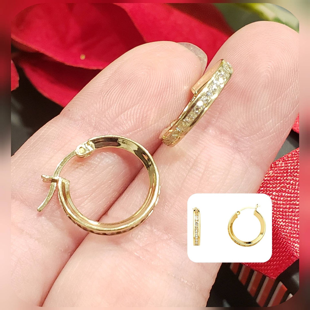 14k Solid Gold Hoop Earrings 2 Mm Intriguing Round Solitaire CZ Channel Set Simulant Diamond