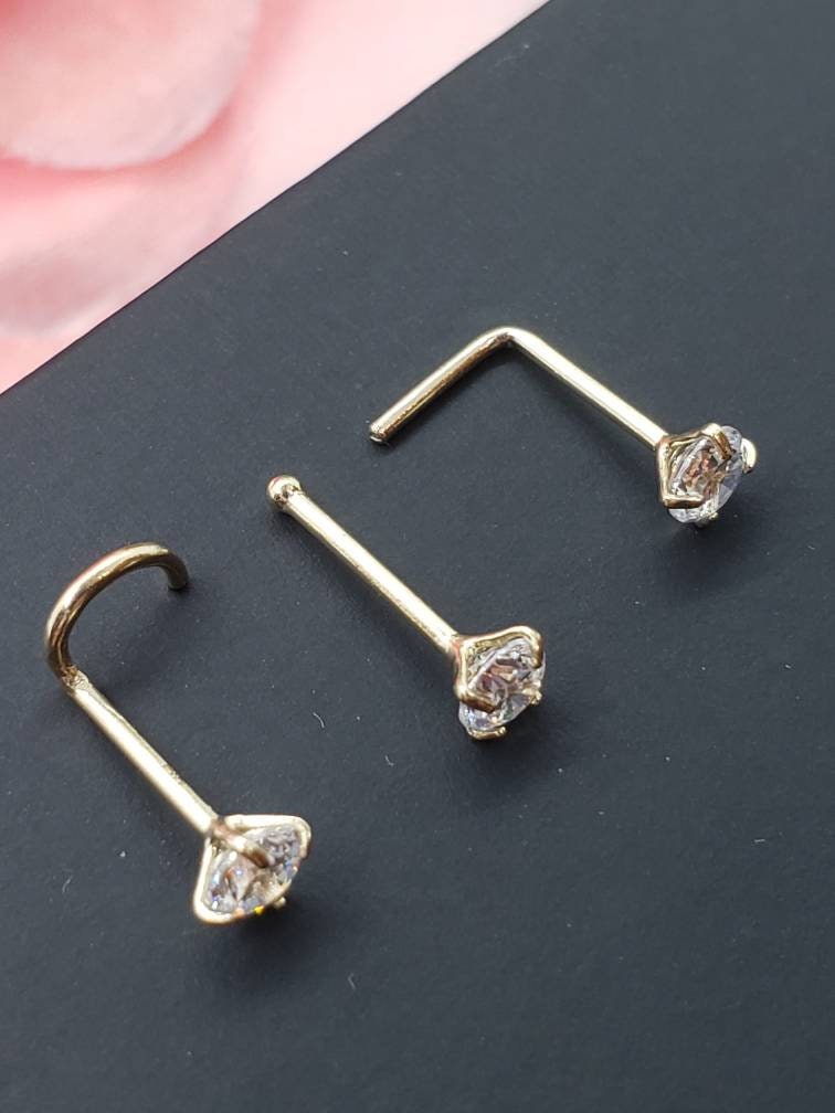 LAB Grown Diamond Nose Stud 14K Solid Gold Round Solitaire Nose Ring 20  Gauge Available in 3 different shape.