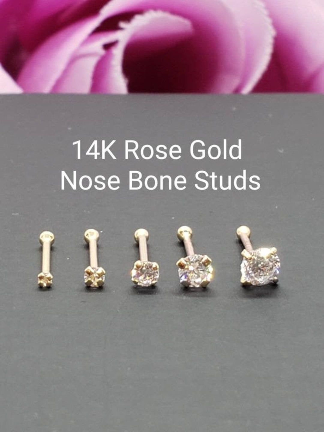 14K Solid Rose Gold , Ball Ends Nose Stud, Diamond Nose Stud, Nostril