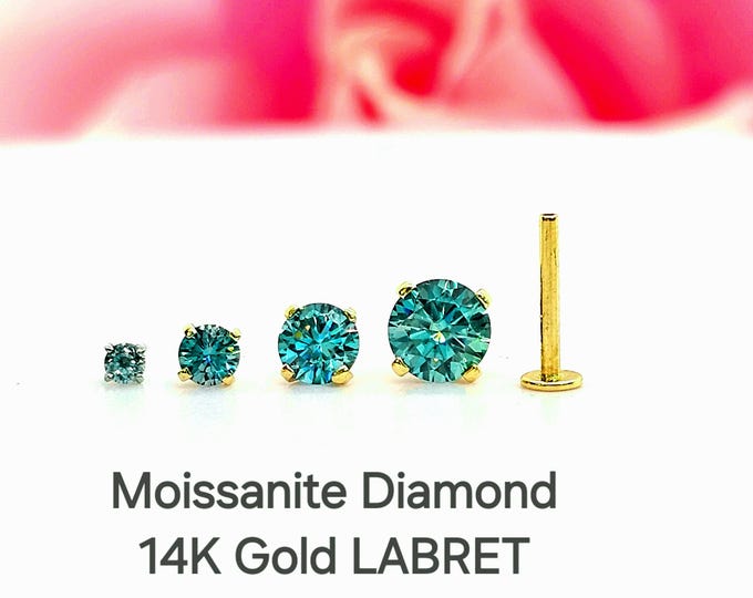 14K REAL Solid Gold Threadless Push-in 18 GA Green Moissanite VVS1 DEF Quality , Pass Diamond Test, Piercing, Nose Ring or earrings.
