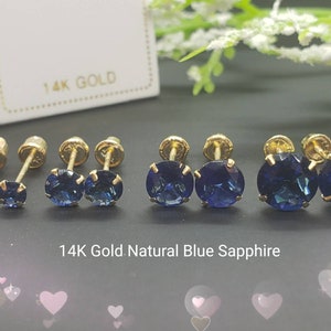 Genuine Real Natural Blue Sapphire • 3.00 - 6.00 mm • Screw Back •  14K GOLD •  Light Setting Prong • September Birthstone  Earrings •