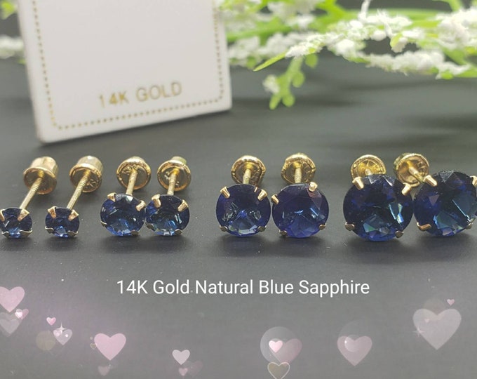 Genuine Real Natural Blue Sapphire • 3.00 - 6.00 mm • Screw Back •  14K GOLD •  Light Setting Prong • September Birthstone  Earrings •