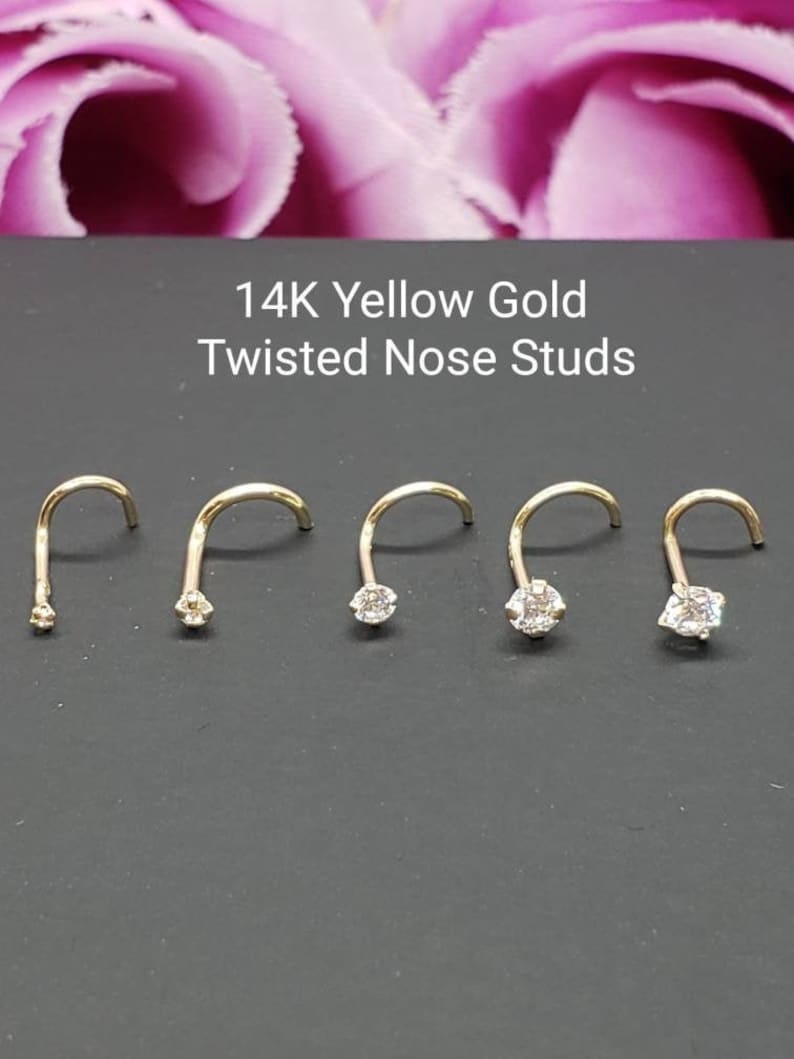 14K Solid Yellow Gold , Curve Bar Nose Stud, Diamond Nose Stud, Twist Micro Nose, Screw Nose Stud 20 Gauge, Hypoallergenic, Perfect Quality. image 1