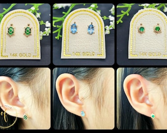 Korean Turtle Design 14K Real Yellow Gold •  CZ Earring  • Baby Secure Screw Backs • Cute Small  Earrings •  Kids Girl Gift Earrings.