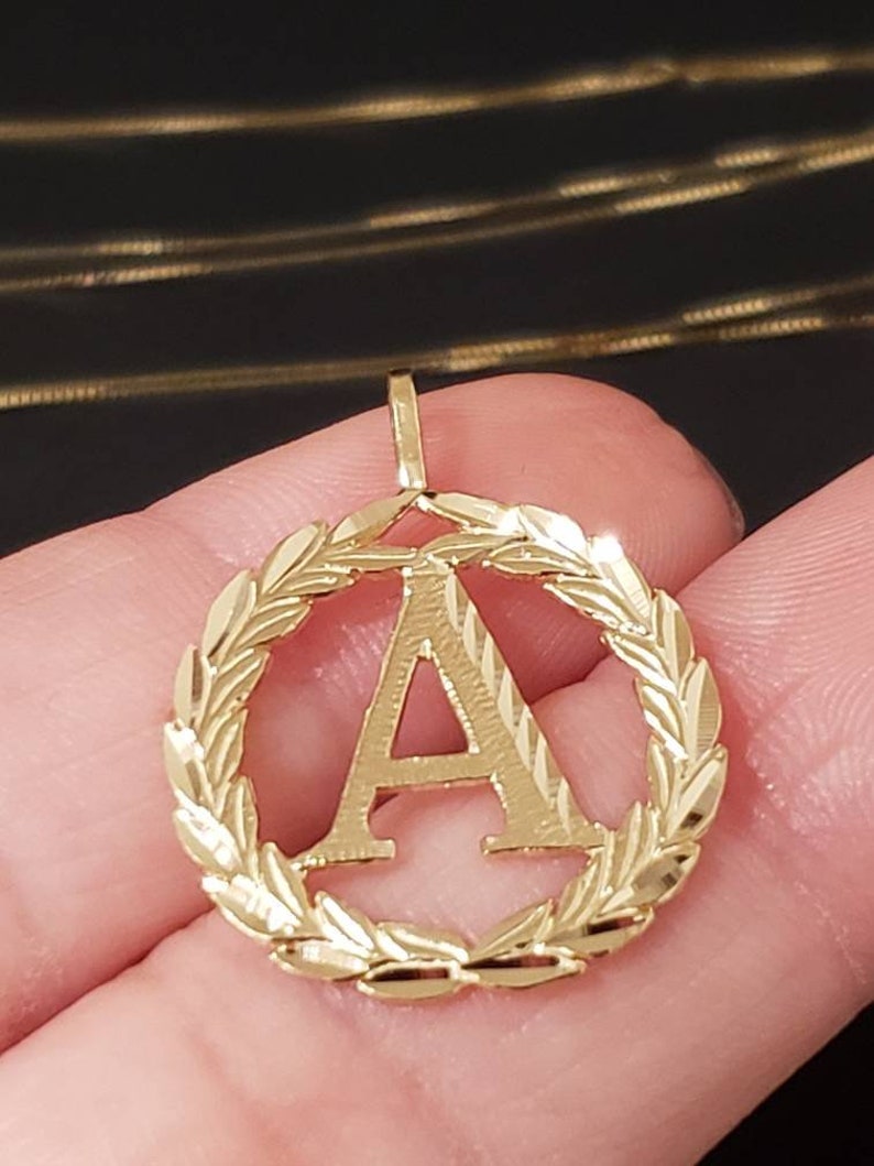 GraduationBridesmaidsBirthdayWedding 14K Solid Gold Pendant Wreath Circle Initial Letter Charm A-Z Necklace With Or Without Box Chain