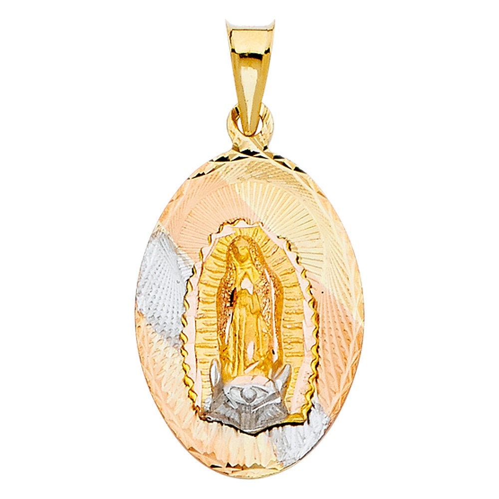 14k Gold Virgin Mary Lady Guadalupe Pendant Religious Charm Oval Tri
