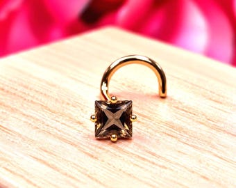 Smoke Topaz 14K Solid Yellow Gold ,  Nose Stud, Twist Micro Nose, Screw Nose Stud, Ball end Or L-Shaped Natural Smoke Topaz  20 Gauge.