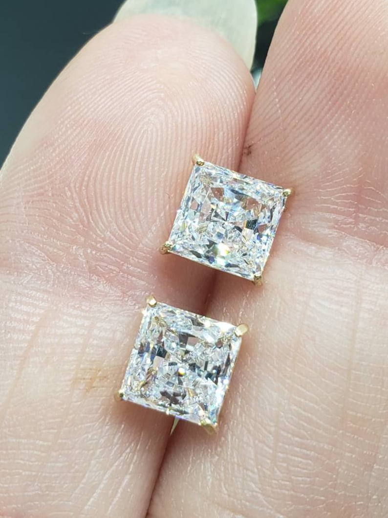 Super Bright 14K Solid Gold \u2022 Square Princess Cut \u2022 Basket Prong \u2022 3mm-8mm \u2022 With Screw Backing