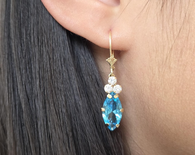 Marquise 7x13mm 14K Yellow Gold Earrings Hoops • Fleur De Lis Lever back Earring with Open Ring, Cubic Zirconia with different colors.
