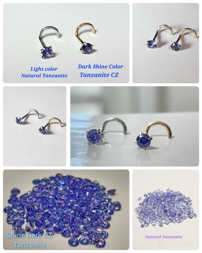 May include: Close-up of a variety of Tanzanite gemstones. The gemstones are a deep blue-purple color and are arranged in a pile. The image also shows a nose ring with a Tanzanite gemstone. The text "Light color Natural Tanzanite", "Dark Shine Color Tanzanite CZ", "Shine Dark CZ Tanzanite", and "Natural Tanzanite" is visible in the image.
