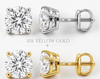Solid 10K Gold Stud Earrings, Round Solitaire Cut, Screw Back Thick Post, 1 pair.