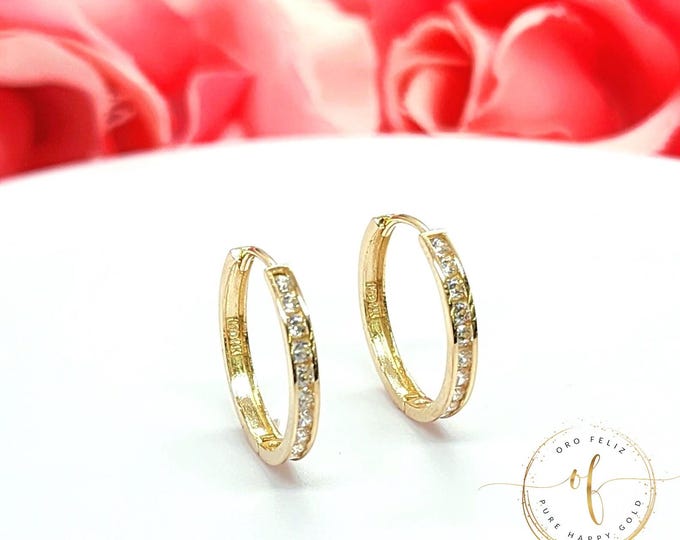 14K Solid Gold • 2mm x 18mm  22mm  30mm Channel Cubic Zirconia earring Hoops with CZ Sold 1 pair.