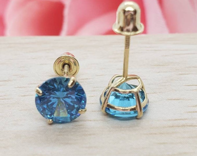 14K Solid Yellow Gold Blue Topaz Earring December Birthstone Colors Screw Backing Earring with 4 Prong Setting