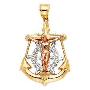 Crucifijo de Jesucristo en oro amarillo macizo de 14 quilates, colgante con ancla marinera, dije religioso, crucifijo, 3 tamaños disponibles.
