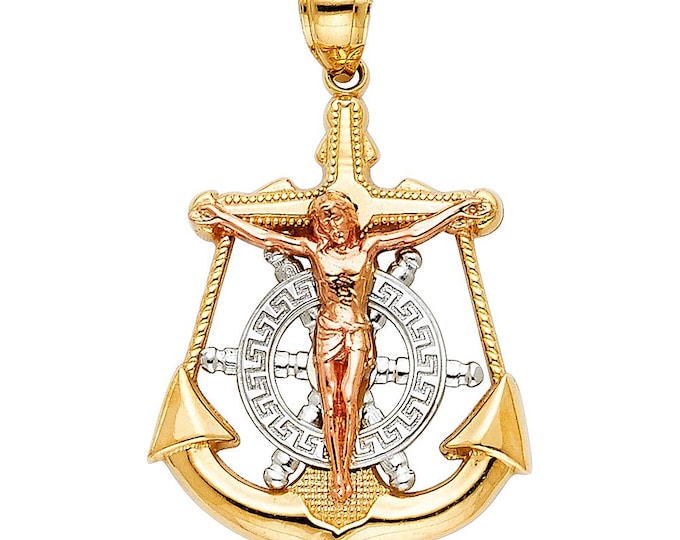 14K Solid Yellow Gold Jesus Christ Crucifix Mariner Anchor Pendant Religious Charm Crucifix 3 sizes Available.