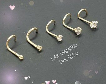 Genuine LAB DIAMOND 14K Solid 100 % Real Gold , Curve Bar Nose Stud, LAB Diamond Nose Stud, Twist Micro Nose, 22GA 20GA 18GA