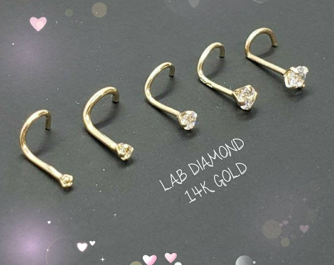 Genuine LAB DIAMOND 14K Solid 100 % Real Gold , Curve Bar Nose Stud, LAB Diamond Nose Stud, Twist Micro Nose, 22GA 20GA 18GA