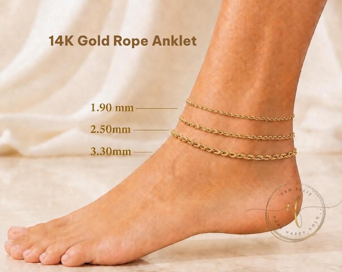 Real 14K Yellow Gold Italian 2.00mm  2.50 mm 3.30 mm Rope Chain Link Anklet 10 " inches