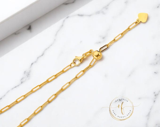 Adjustable Paper Clip Chain 14K Solid Yellow Gold in  10 - 22" Inches 1.20 mm Pull The Ball to adjust the Length of Chain.