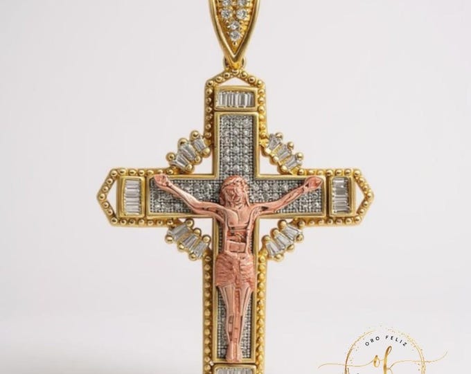 14K Yellow Gold Religious Crucifix Cross Pendant INRI Jesus Christ Charm Pendant Yellow Gold with Rose Gold 2 Tone CZ Stone 6 Grams.