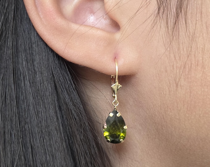 Pear Shape 8x12mm 14K Yellow Gold Earrings Hoops • Fleur De Lis Lever back Earring with Open Ring, Cubic Zirconia with different colors