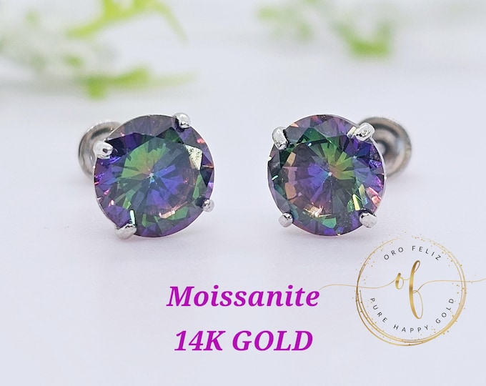 Moissanite 7 Colors Rainbow • 14K Real Gold  • Screw Backing Stud Earrings • 4mm 5mm 6mm sold 1pair •Pass Diamond Tester Moissanite Gemstone