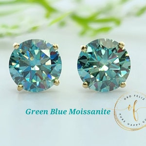Moissanite Blue Green 14K Solid Gold Low Basket Thin Post Light Weight Gold Screw Backing can be worn sleeping Round