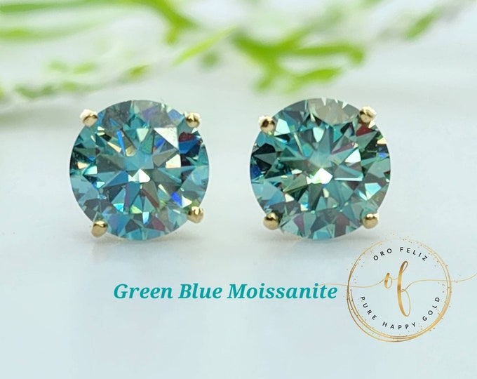 Moissanite Blue Green 14K Solid Gold Low Basket Thin Post Light Weight Gold Screw Backing can be worn sleeping Round