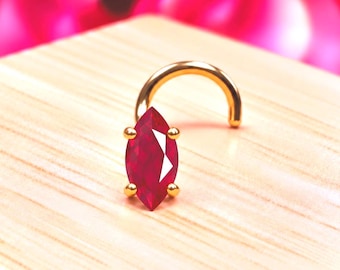 Natural Marquise Nose Stud ,  14K Solid Gold in Twisted Crooked Screw, L-Shaped , Ball End Bar 20 GA.