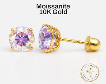 AB Iridescent Moissanite 10K Gold Stud Earrings, Round Solitaire Cut, Screw Back 22 GA, Thin Post, comfortable to sleep.