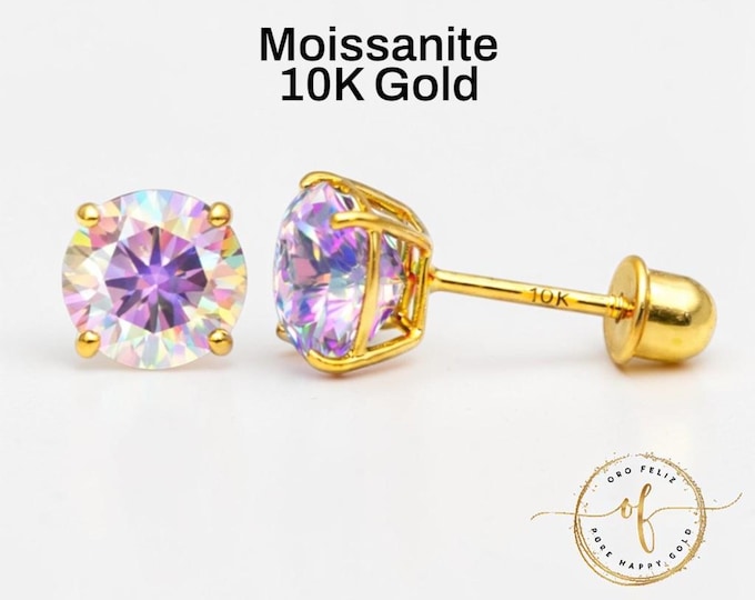 AB Iridescent Moissanite 10K Gold Stud Earrings, Round Solitaire Cut, Screw Back 22 GA, Thin Post, comfortable to sleep.