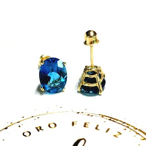 Natural Genuine London Blue Topaz 14K Solid Yellow Gold Earring Birthstone Colors Push Butterfly Backing Earring with 4 Prong Setting
