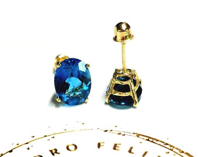 Natural Genuine London Blue Topaz 14K Solid Yellow Gold Earring Birthstone Colors Push Butterfly Backing Earring with 4 Prong Setting