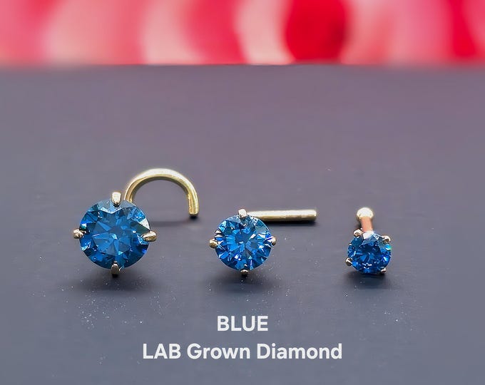 Blue Crushed Ice LAB GROWN Diamond 14K Gold , Curve Bar Nose Stud, Twist Micro Nose, Screw Nose Stud, Ball end Or L-Shaped sold 1 piece.