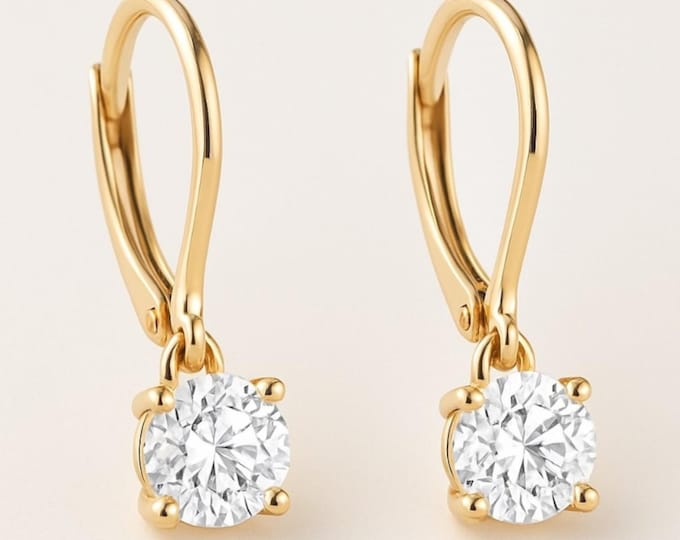 Moissanite 14K Yellow Gold Earrings Lever Backing 1 Pair Solitaire 3mm 4mm 5mm 6mm 7mm 8mm