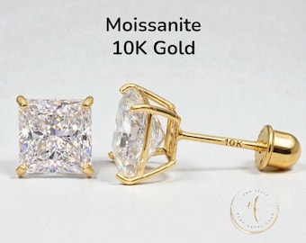 Moissanite  10K Solid Gold • Square Princess Cut • Basket Prong •  3mm-8mm • With Screw Backing or Push Backing Thin Post 22Gauge.