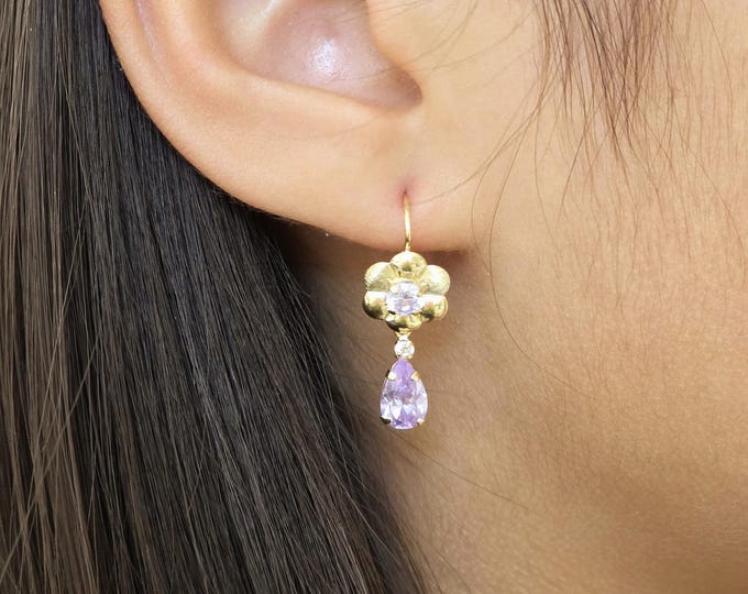 Flower / Pear Shape 5x7mm 14K Yellow Gold Earrings Hoops • Lever Back Hoop  8.00 mm x 12.00 mm • Girl / Women's Earrings •