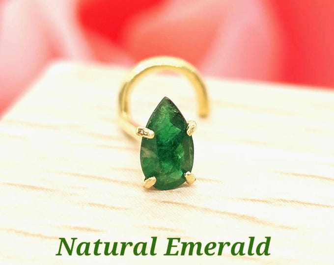 Pear Shape Genuine Natural Emerald Nose Stud ,  14K Solid Gold in Twisted Crooked Screw, L-Shaped , Ball End Bar 20 Gauge