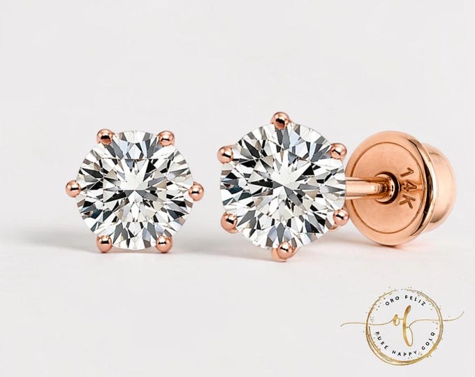 6 Prongs 14K Rose Gold Stud Earrings, Round Solitaire Cut, Screw Back 20 GA, Post, comfortable to sleep.