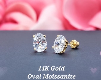 Moissanite Oval Shape 14K Solid Yellow Gold Light Weight Gold Screw Backing available 3 sizes , Bridal, Gift, Wedding, Women's Earrings stud
