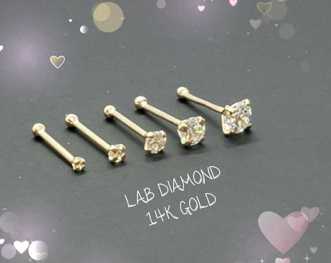 Genuine LAB DIAMOND 14K Solid 100 % Real Gold , LAB Diamond Nose Stud, Bone Ball End Nose Stud 22 gauge" or 20 gauge"