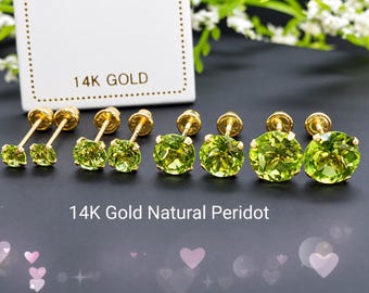 Genuine Real Natural Peridot • 3.00 - 6.00 mm • Screw Back •  14K GOLD •  Light Setting Prong • Peridot Birthstone  Earrings •