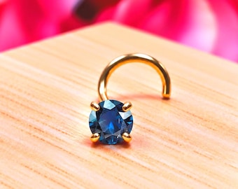 Genuine Real Blue Sapphire Nose Stud ,  14K Solid Gold in Twisted Crooked Screw, L-Shaped , Ball End Bar 20 GA.