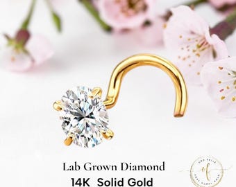 LAB Grown Diamond Oval Shape 14K Solid Yellow Gold , Curve Bar Nose Stud, Twist Micro Nose, Screw Nose Stud, Ball end Or L-Shaped 20 GAUGE.