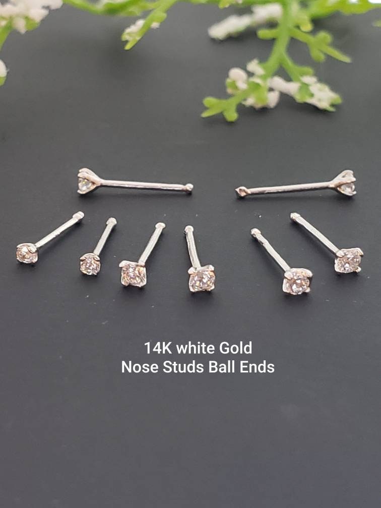 14K Solid White Gold , Ball Ends Nose Stud, Diamond Nose Stud, Nostril