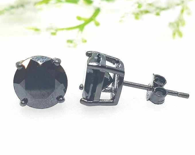 2mm-8mm Round Black CZ's Black Plated Solid 925 Sterling Silver Solitaire Stud Post Earrings Round Mens Womens Earrings