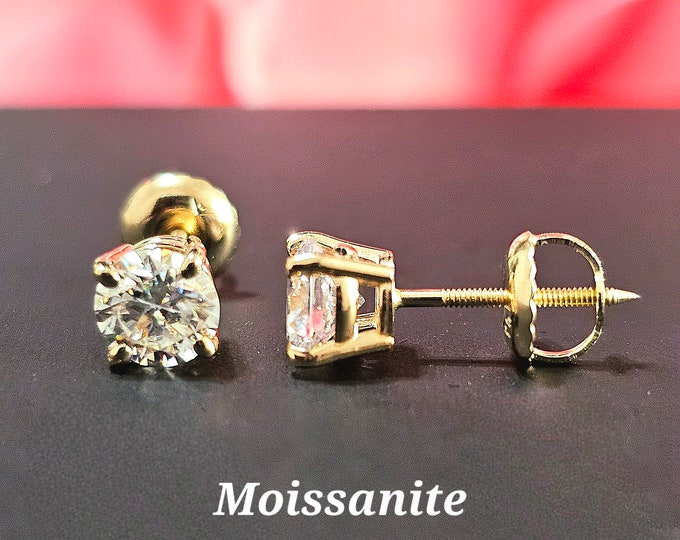 Solitaire Round Moissanite • 14K White, Yellow Gold • Push Backing Stud Earrings • Heavy Basket Prong Sturdy Post Solid Gold.