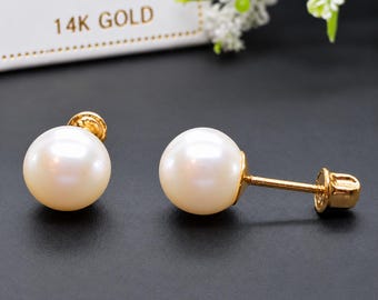 14K Solid Real Gold • Genuine White Pearl • Screw Back Earrings • Available in Size 3 mm - 9 mm